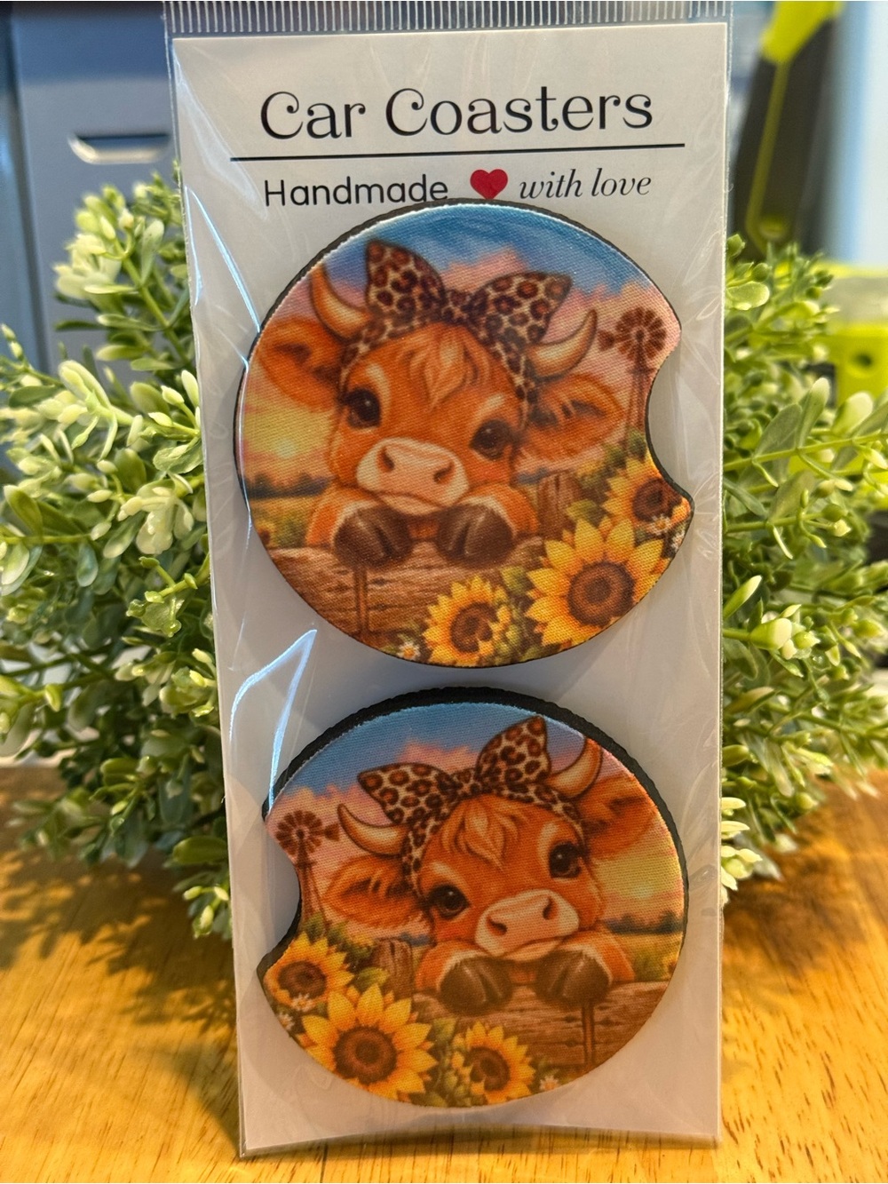 Brown Cow & Sunflower Car Coasters - Set of 2